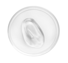 Photo of Cosmetic product in Petri dish isolated on white, top view