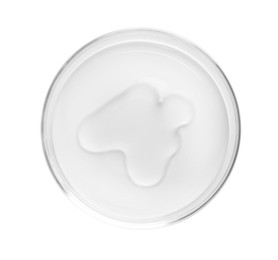 Photo of Cosmetic product in Petri dish isolated on white, top view