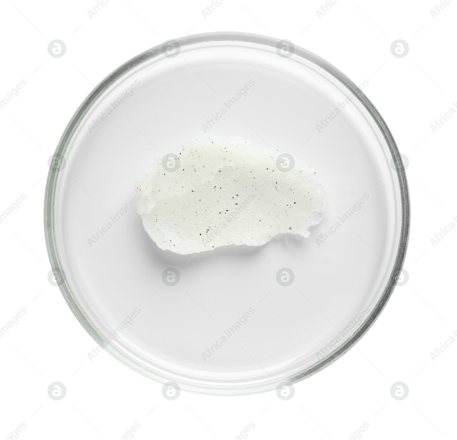 Cosmetic product in Petri dish isolated on white, top view Photo of Cosmetic product in Petri dish isolated on white, top view