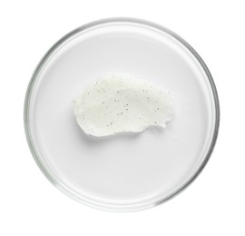 Photo of Cosmetic product in Petri dish isolated on white, top view