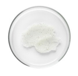 Photo of Cosmetic product in Petri dish isolated on white, top view