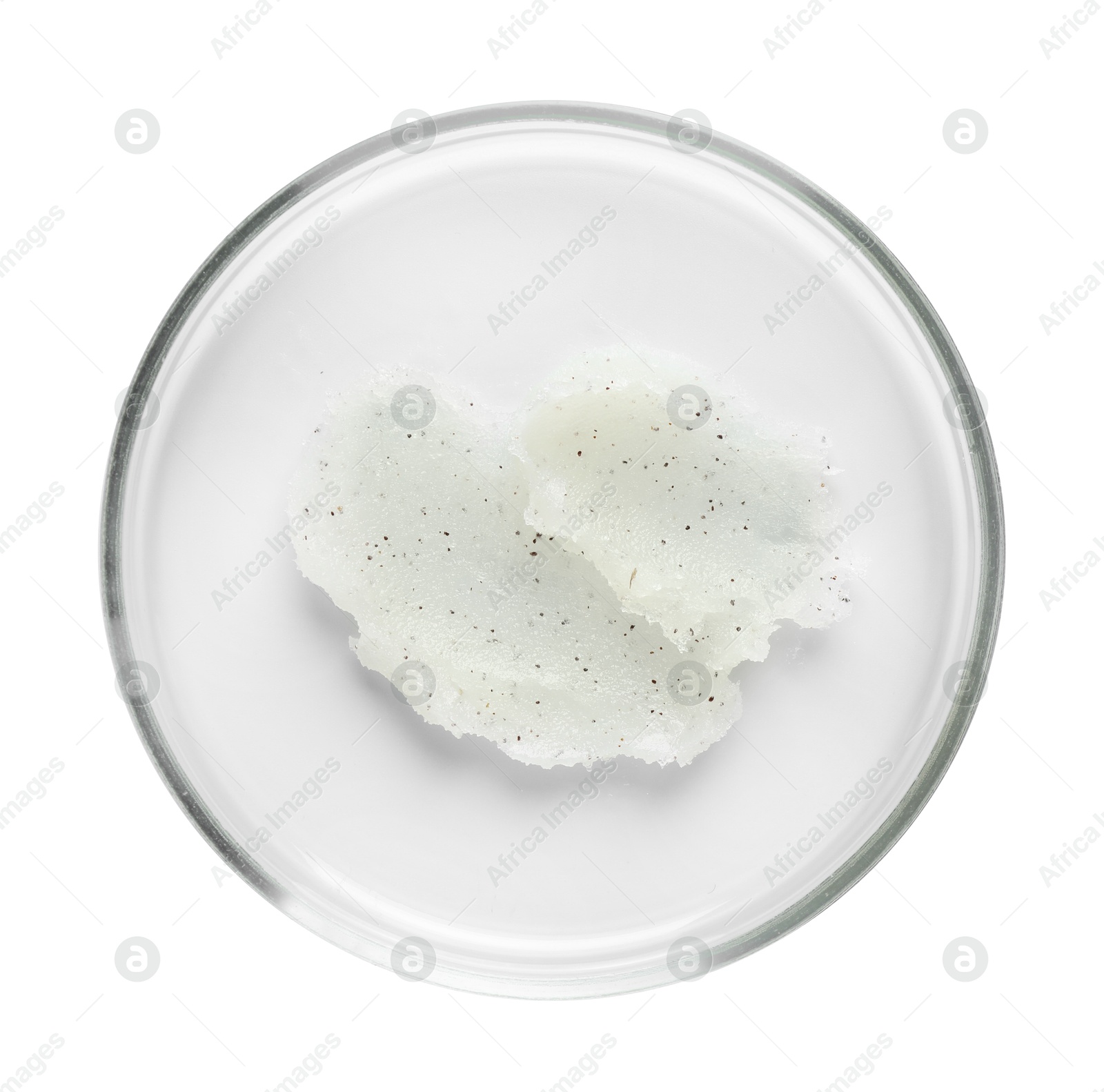 Cosmetic product in Petri dish isolated on white, top view Photo of Cosmetic product in Petri dish isolated on white, top view