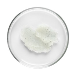 Photo of Cosmetic product in Petri dish isolated on white, top view