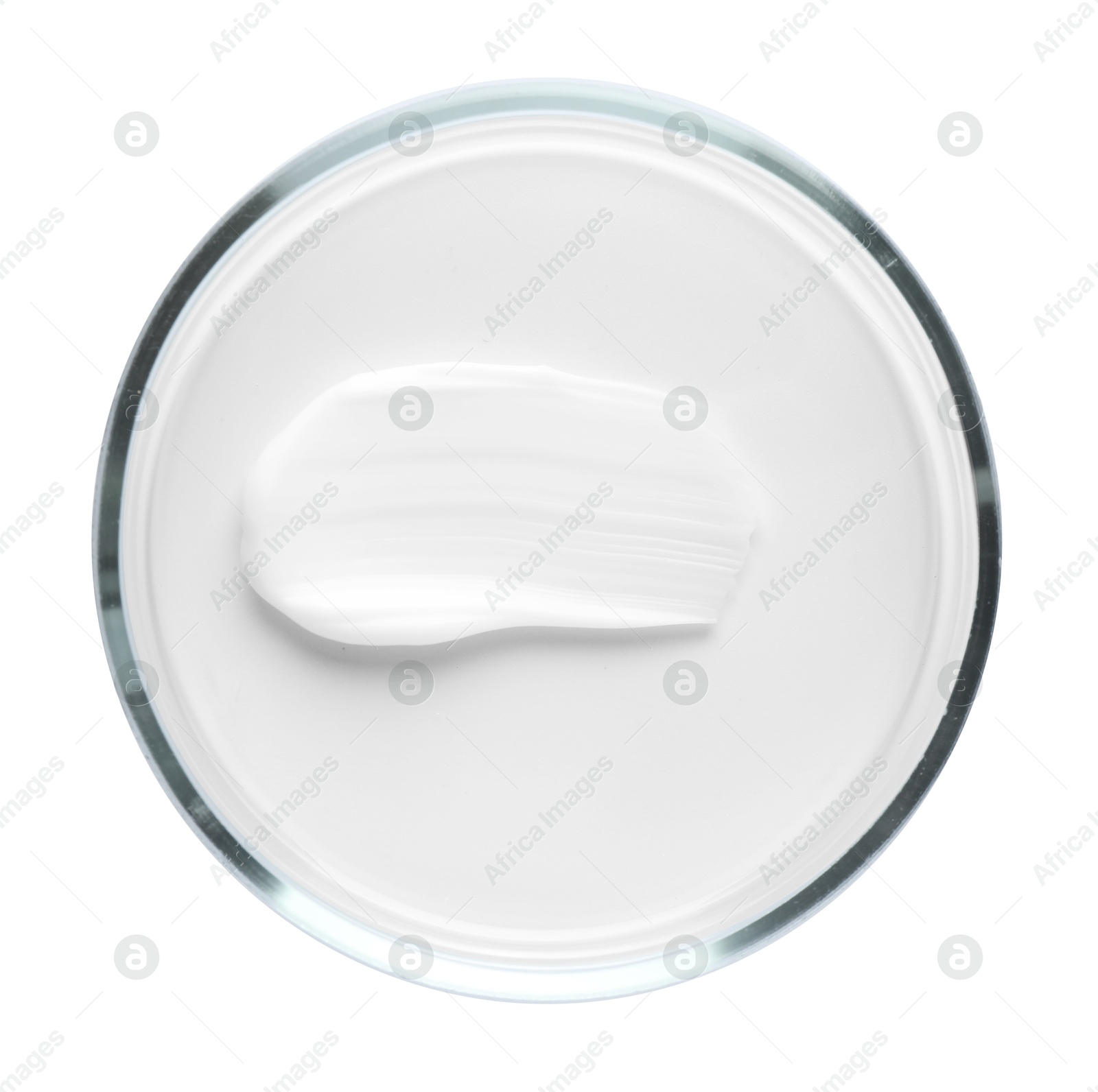 Cosmetic product in Petri dish isolated on white, top view Photo of Cosmetic product in Petri dish isolated on white, top view