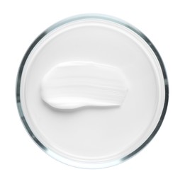 Photo of Cosmetic product in Petri dish isolated on white, top view