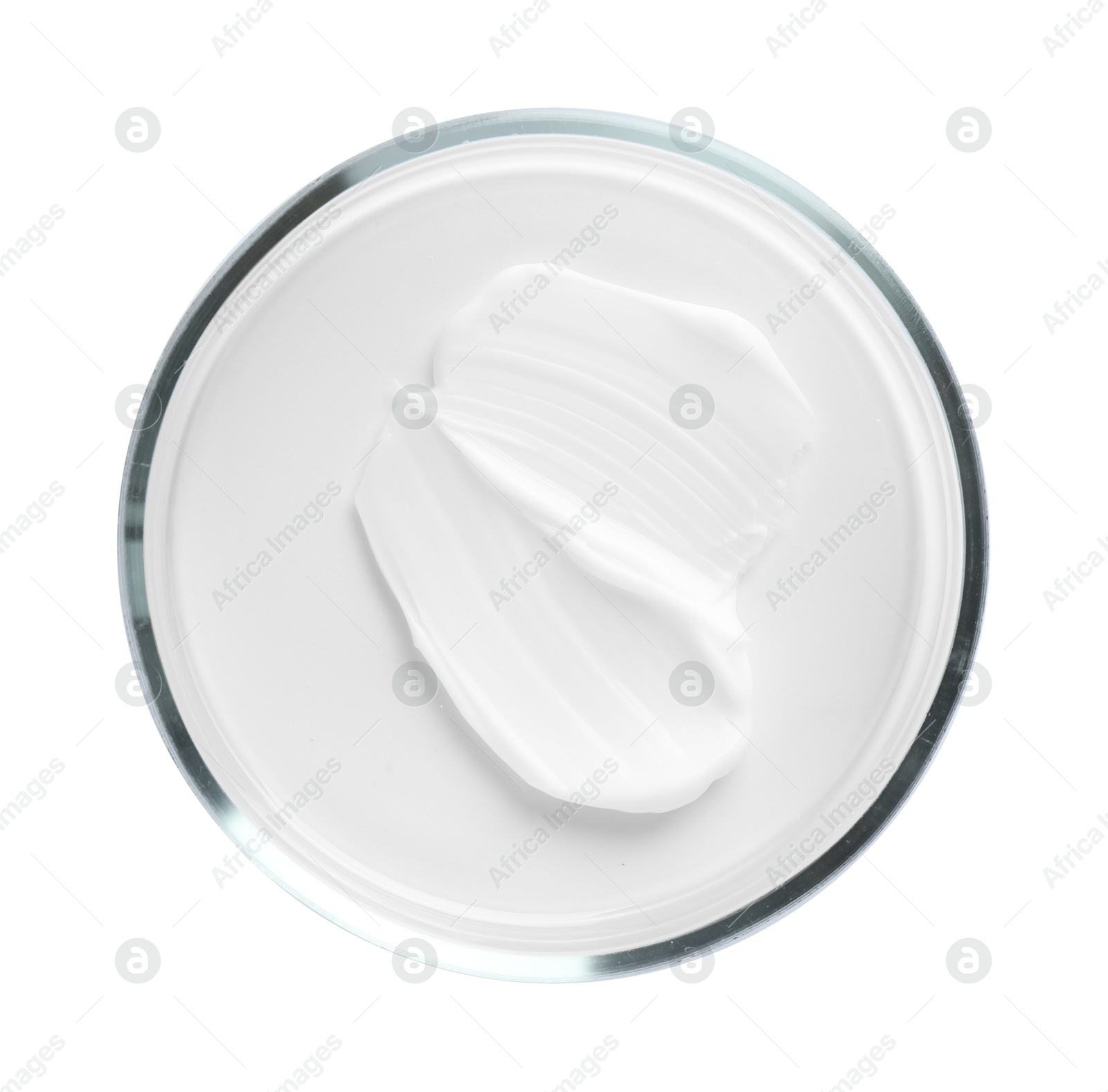 Cosmetic product in Petri dish isolated on white, top view Photo of Cosmetic product in Petri dish isolated on white, top view