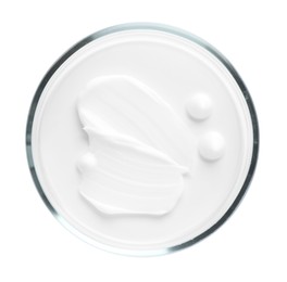 Photo of Cosmetic product in Petri dish isolated on white, top view
