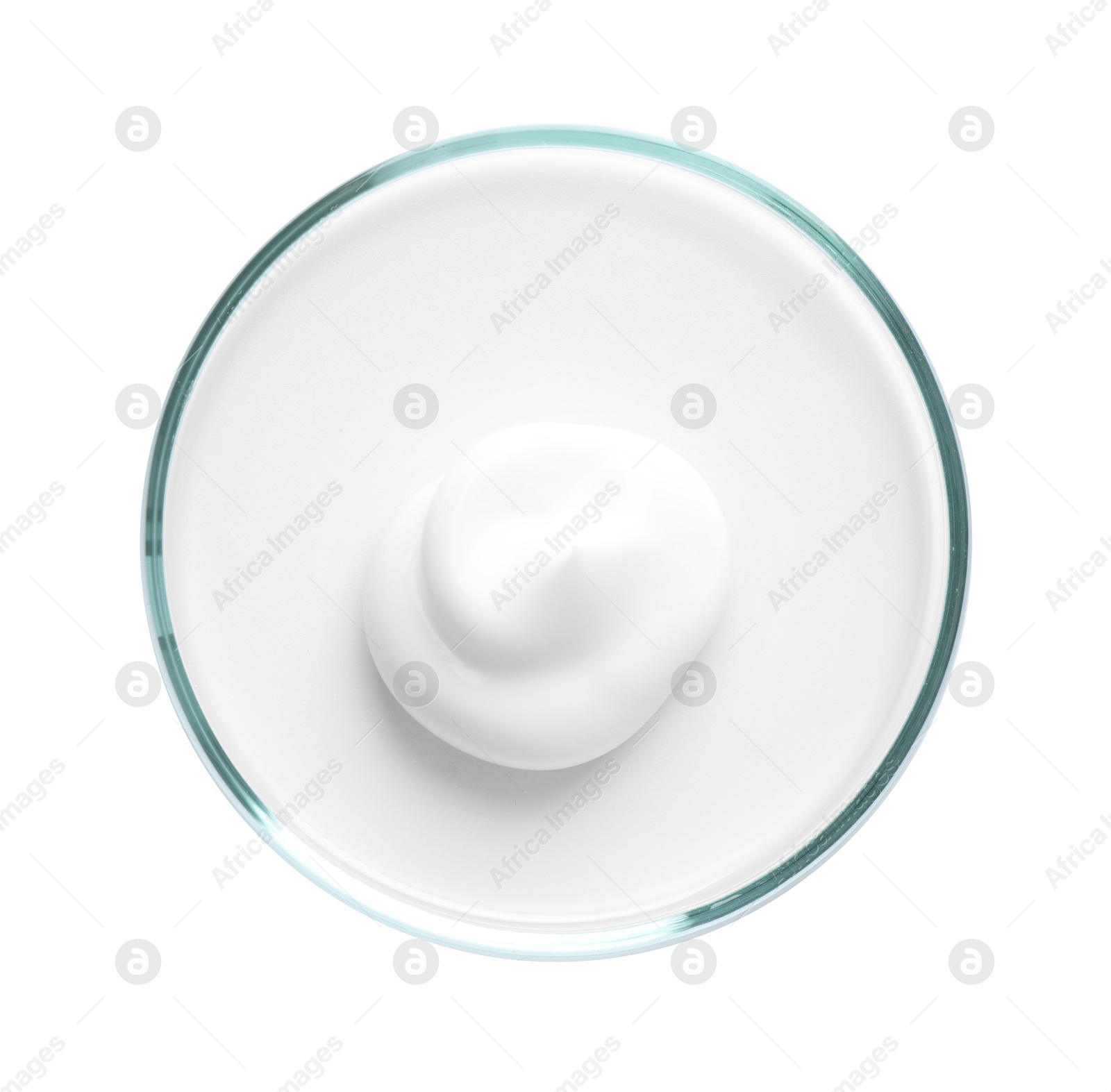 Cosmetic product in Petri dish isolated on white, top view Photo of Cosmetic product in Petri dish isolated on white, top view