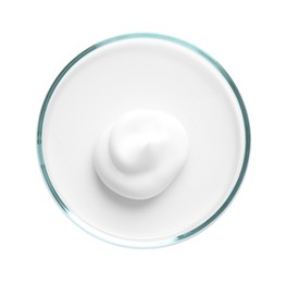 Photo of Cosmetic product in Petri dish isolated on white, top view