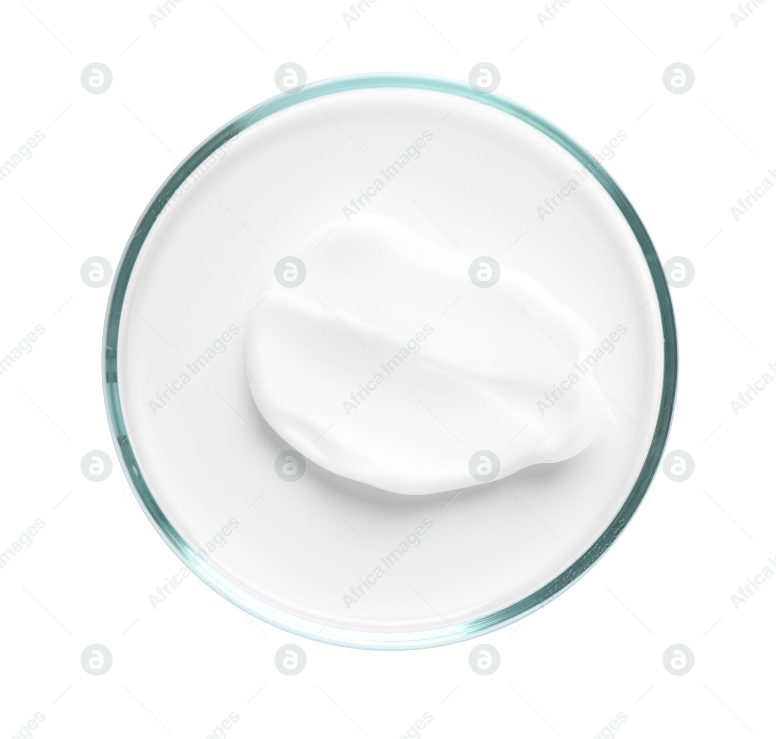 Cosmetic product in Petri dish isolated on white, top view Photo of Cosmetic product in Petri dish isolated on white, top view