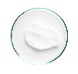 Photo of Cosmetic product in Petri dish isolated on white, top view