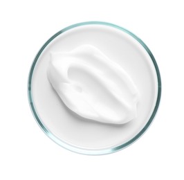 Photo of Cosmetic product in Petri dish isolated on white, top view