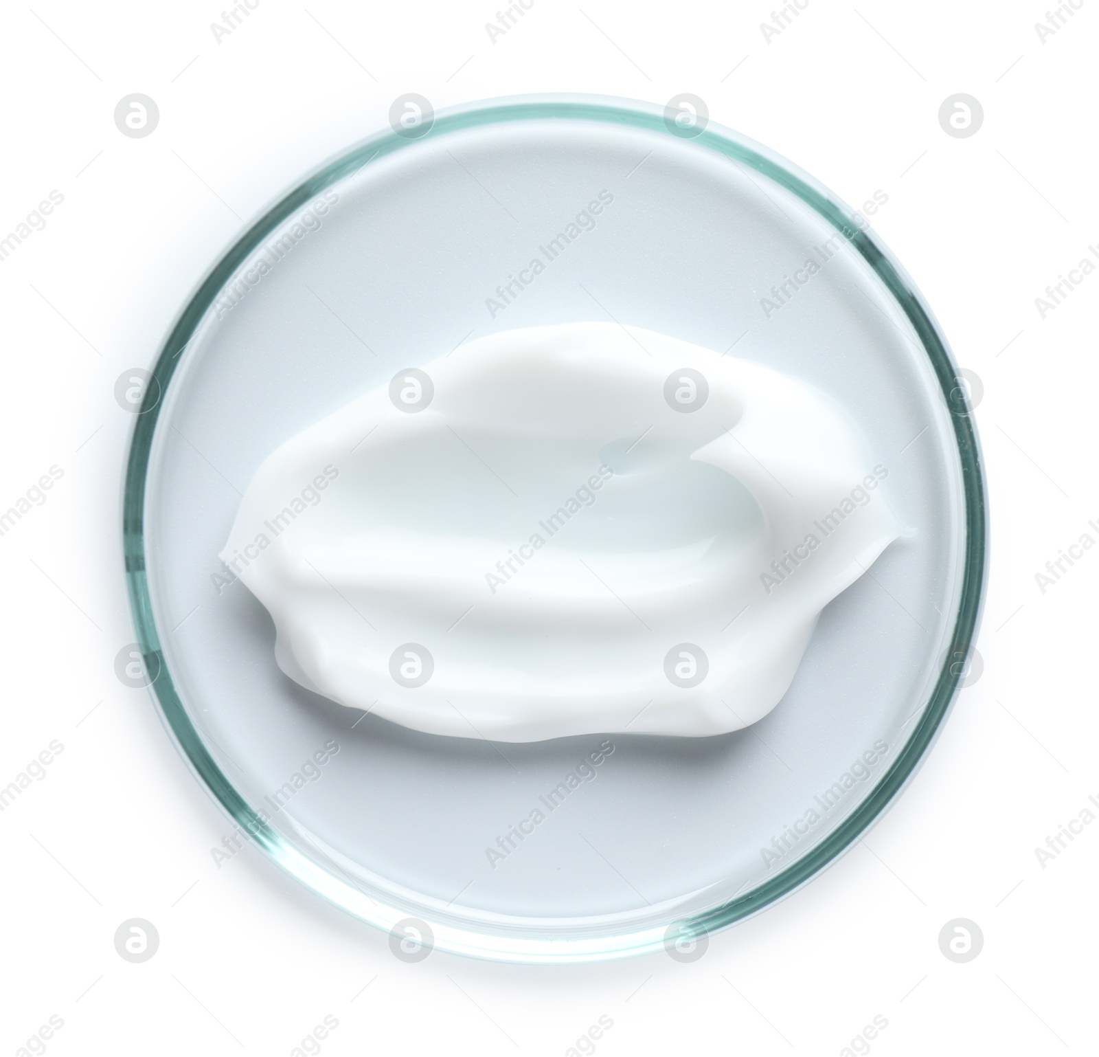 Cosmetic product in Petri dish isolated on white, top view Photo of Cosmetic product in Petri dish isolated on white, top view