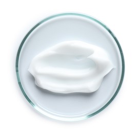 Photo of Cosmetic product in Petri dish isolated on white, top view