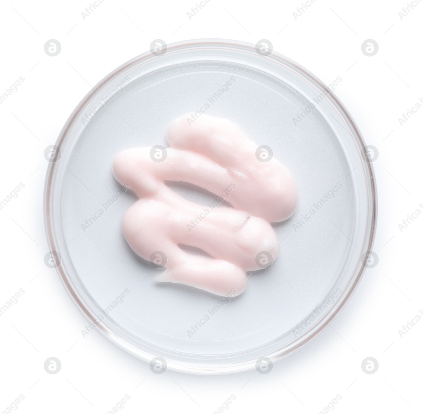 Cosmetic product in Petri dish isolated on white, top view Photo of Cosmetic product in Petri dish isolated on white, top view