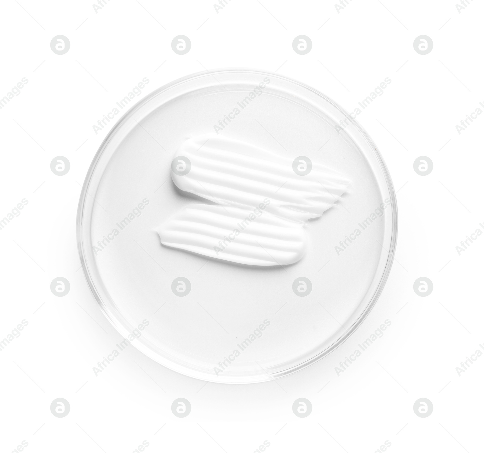 Cosmetic product in Petri dish isolated on white, top view Photo of Cosmetic product in Petri dish isolated on white, top view