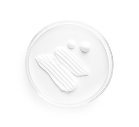 Photo of Cosmetic product in Petri dish isolated on white, top view