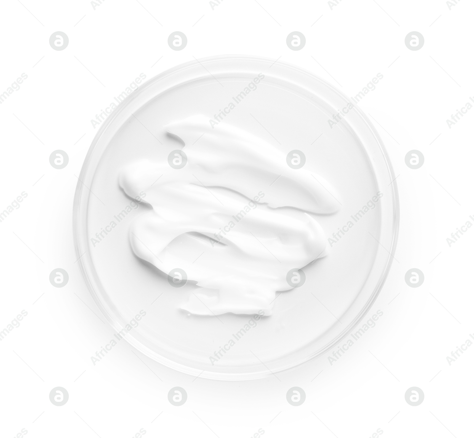 Cosmetic product in Petri dish isolated on white, top view Photo of Cosmetic product in Petri dish isolated on white, top view