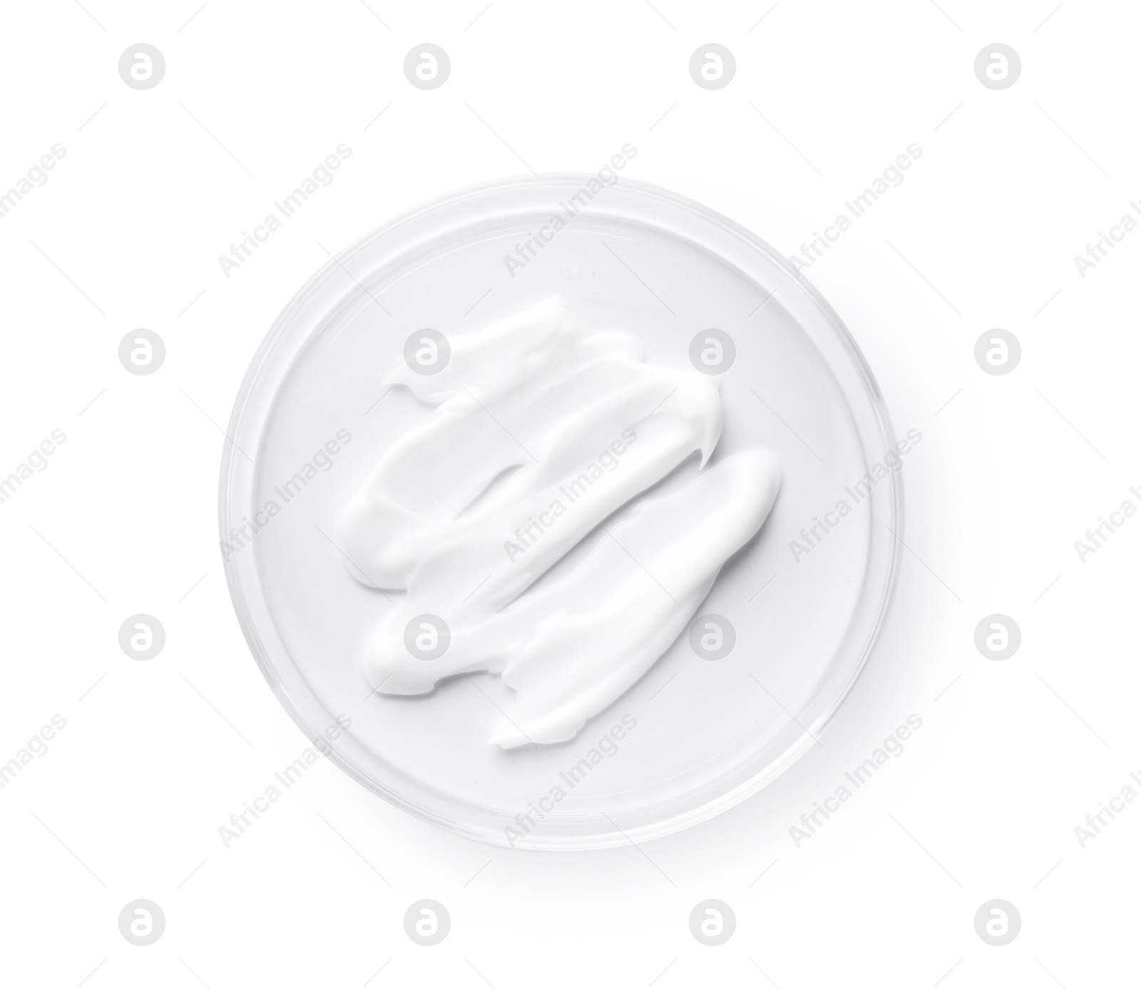 Cosmetic product in Petri dish isolated on white, top view Photo of Cosmetic product in Petri dish isolated on white, top view