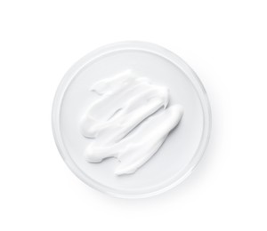 Photo of Cosmetic product in Petri dish isolated on white, top view