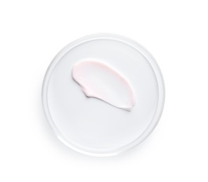 Photo of Cosmetic product in Petri dish isolated on white, top view