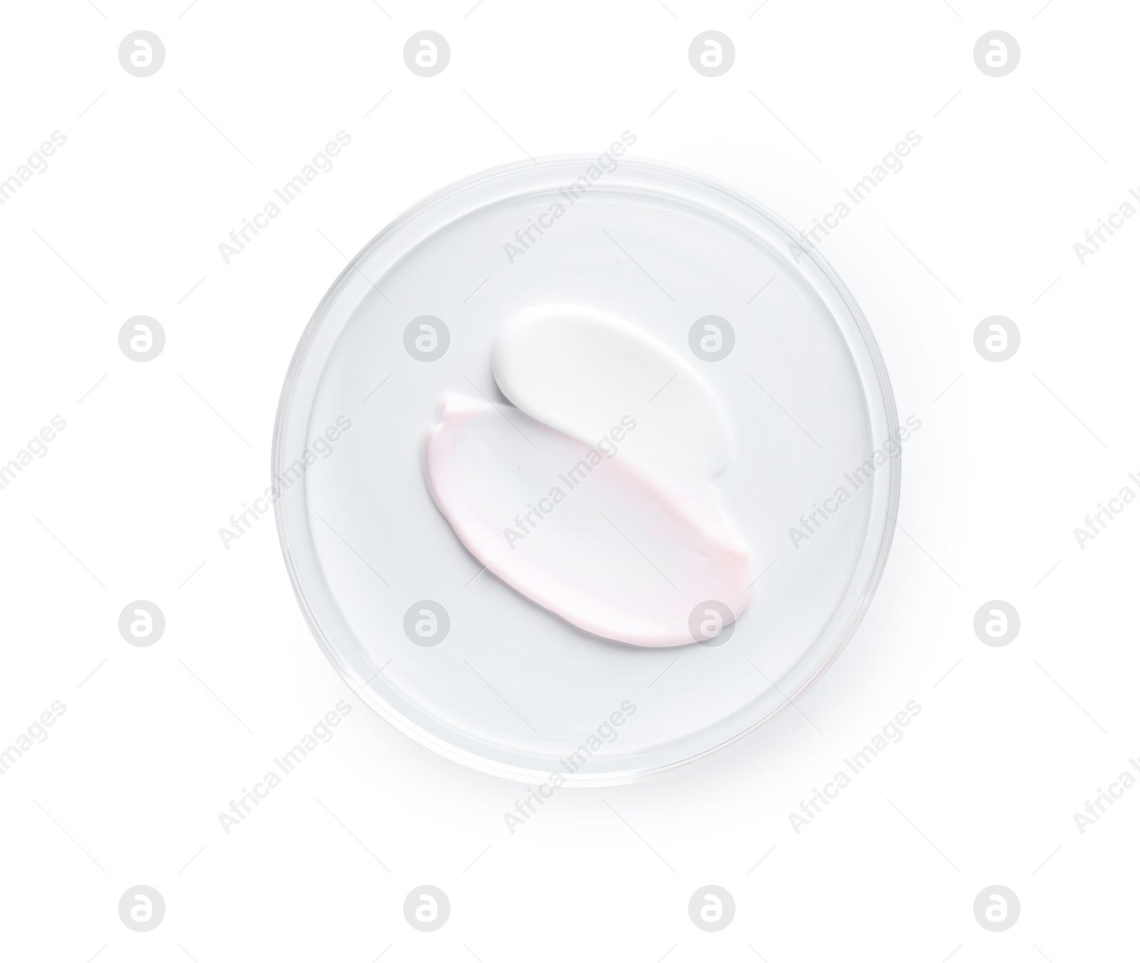 Cosmetic product in Petri dish isolated on white, top view Photo of Cosmetic product in Petri dish isolated on white, top view