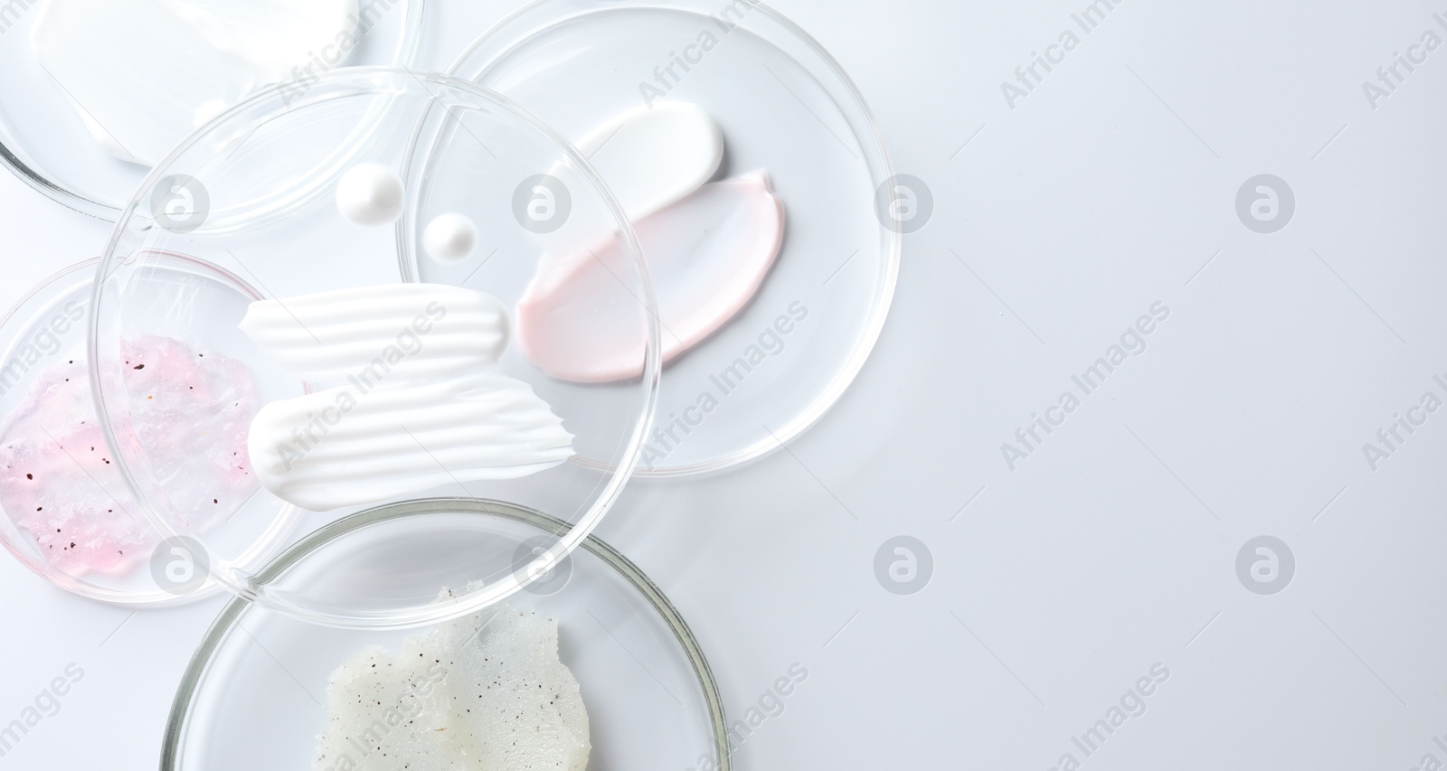 Different cosmetic products in Petri dishes on white background, flat lay. Space for text Photo of Different cosmetic products in Petri dishes on white background, flat lay. Space for text