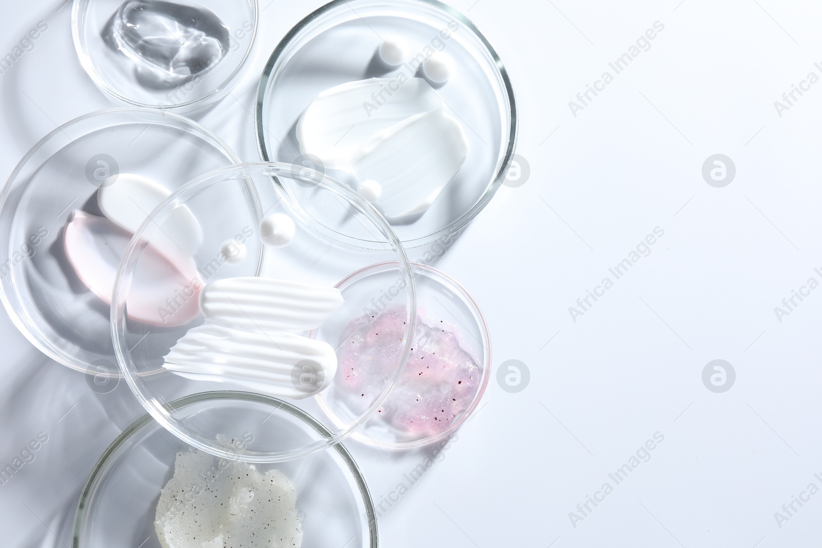 Different cosmetic products in Petri dishes on white background, flat lay. Space for text Photo of Different cosmetic products in Petri dishes on white background, flat lay. Space for text
