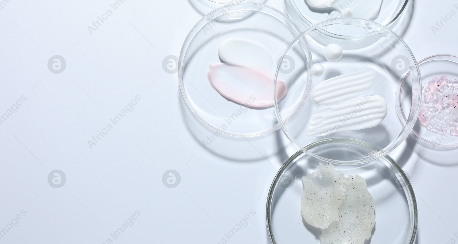 Different cosmetic products in Petri dishes on white background, flat lay. Space for text Photo of Different cosmetic products in Petri dishes on white background, flat lay. Space for text