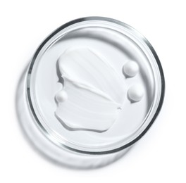 Photo of Cosmetic product in Petri dish isolated on white, top view