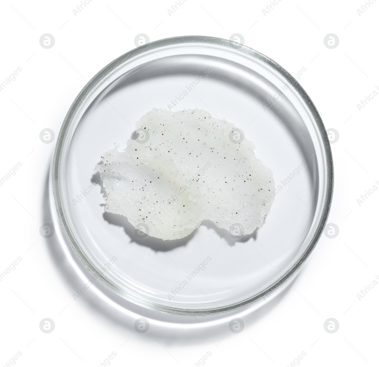 Cosmetic product in Petri dish isolated on white, top view Photo of Cosmetic product in Petri dish isolated on white, top view
