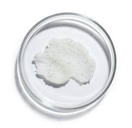 Photo of Cosmetic product in Petri dish isolated on white, top view