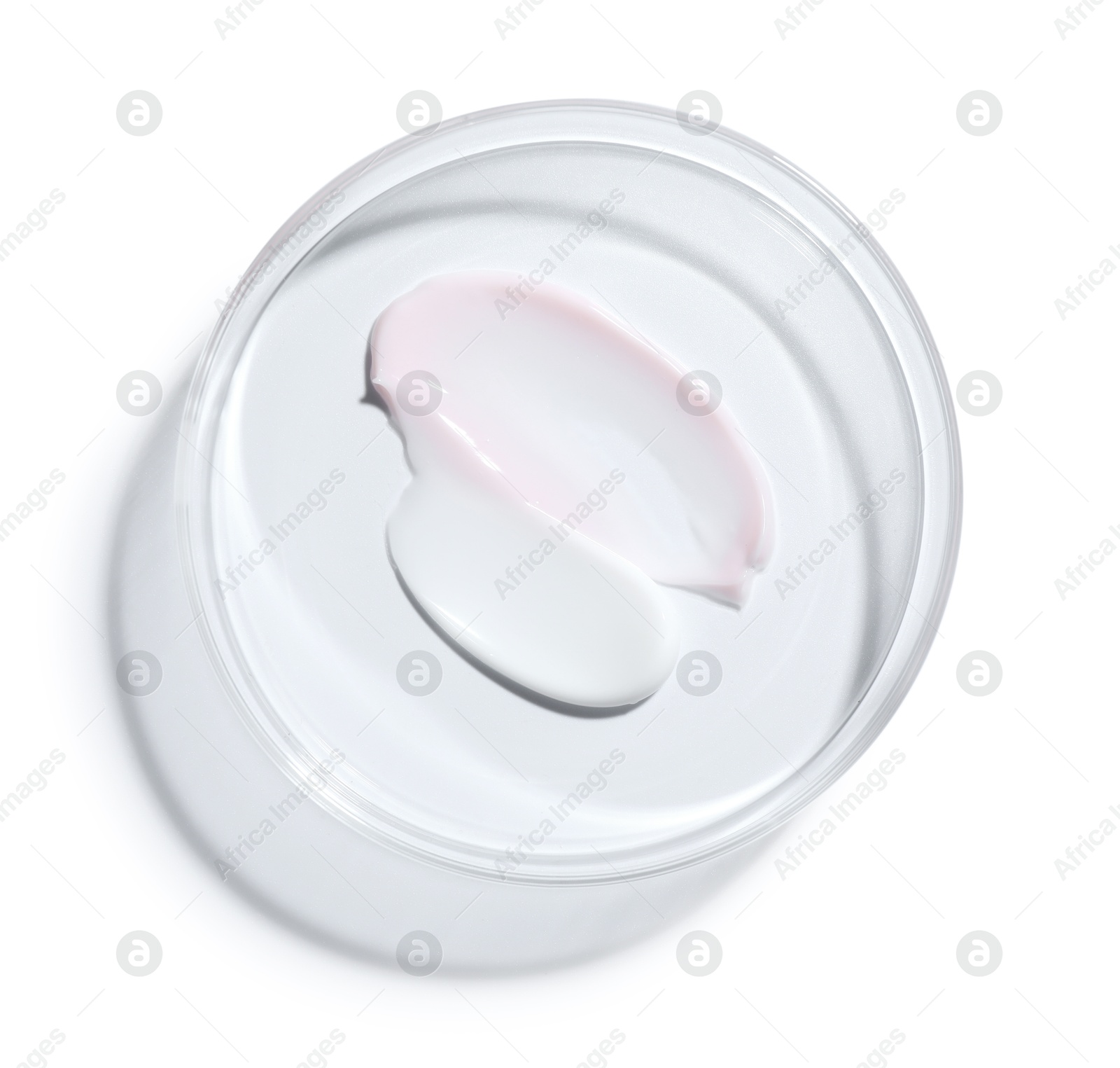 Cosmetic product in Petri dish isolated on white, top view Photo of Cosmetic product in Petri dish isolated on white, top view