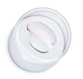 Photo of Cosmetic product in Petri dish isolated on white, top view