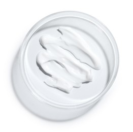 Photo of Cosmetic product in Petri dish isolated on white, top view
