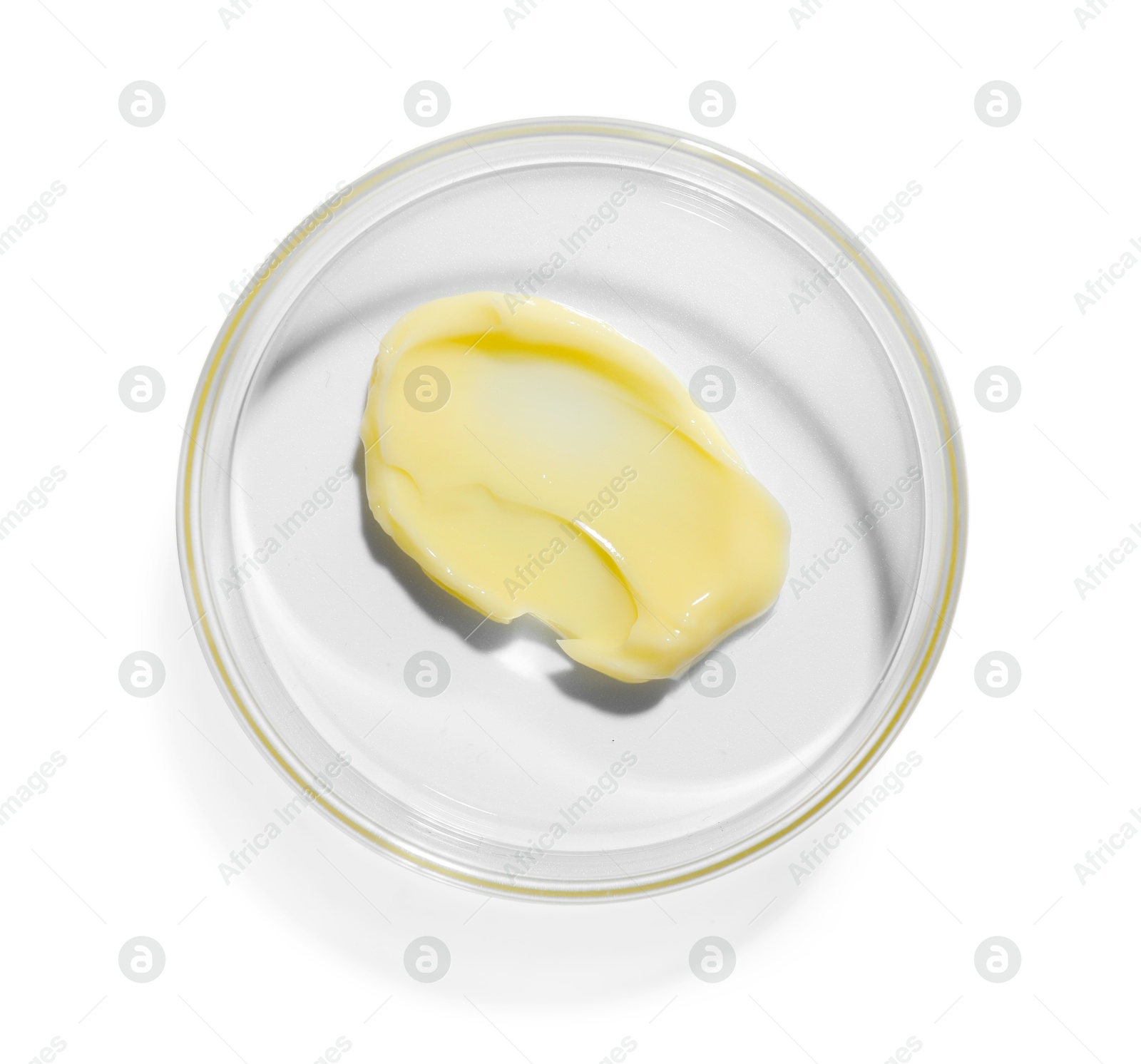 Cosmetic product in Petri dish isolated on white, top view Photo of Cosmetic product in Petri dish isolated on white, top view