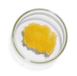 Photo of Cosmetic product in Petri dish isolated on white, top view