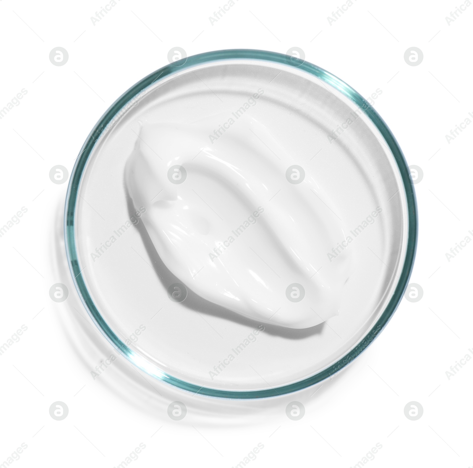 Cosmetic product in Petri dish isolated on white, top view Photo of Cosmetic product in Petri dish isolated on white, top view