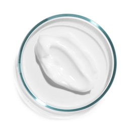 Photo of Cosmetic product in Petri dish isolated on white, top view