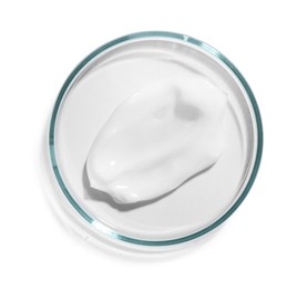 Photo of Cosmetic product in Petri dish isolated on white, top view