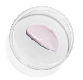 Photo of Cosmetic product in Petri dish isolated on white, top view