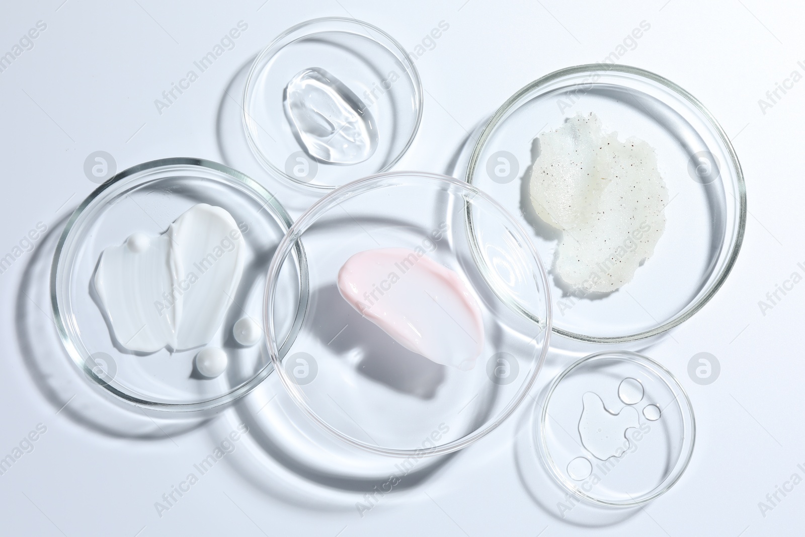 Different cosmetic products in Petri dishes on white background, flat lay Photo of Different cosmetic products in Petri dishes on white background, flat lay