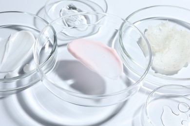 Photo of Different cosmetic products in Petri dishes on white background, closeup