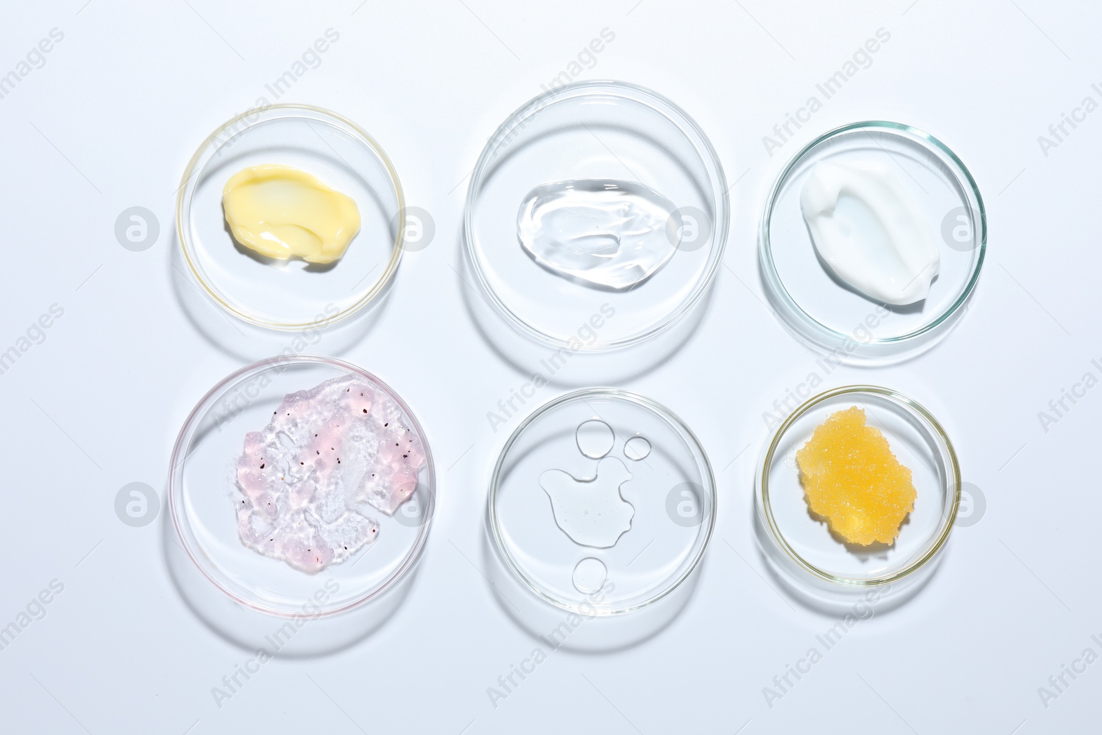 Different cosmetic products in Petri dishes on white background, flat lay Photo of Different cosmetic products in Petri dishes on white background, flat lay