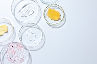 Photo of Different cosmetic products in Petri dishes on white background, flat lay. Space for text