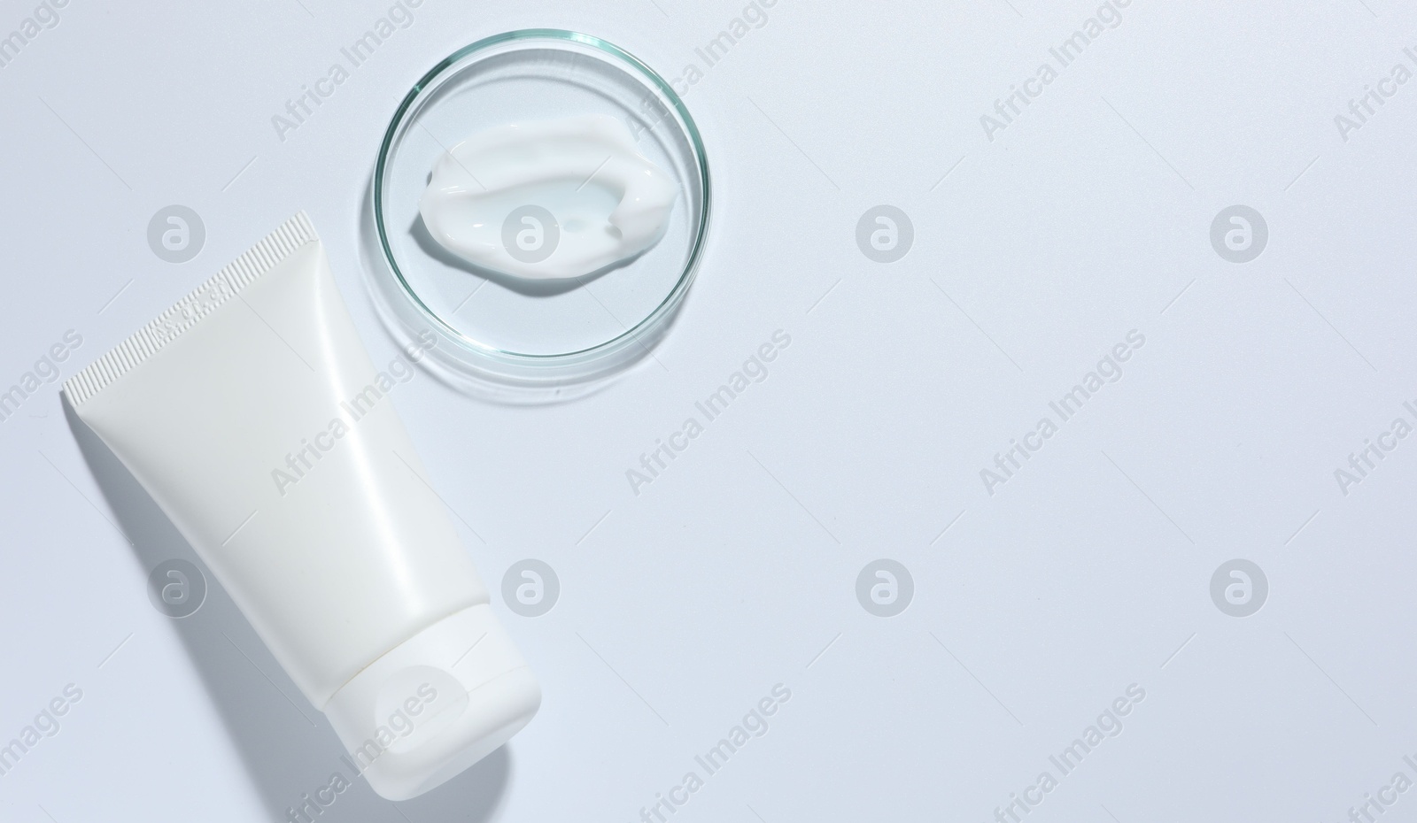 Cosmetic product in Petri dish and tube on white background, top view. Space for text Photo of Cosmetic product in Petri dish and tube on white background, top view. Space for text
