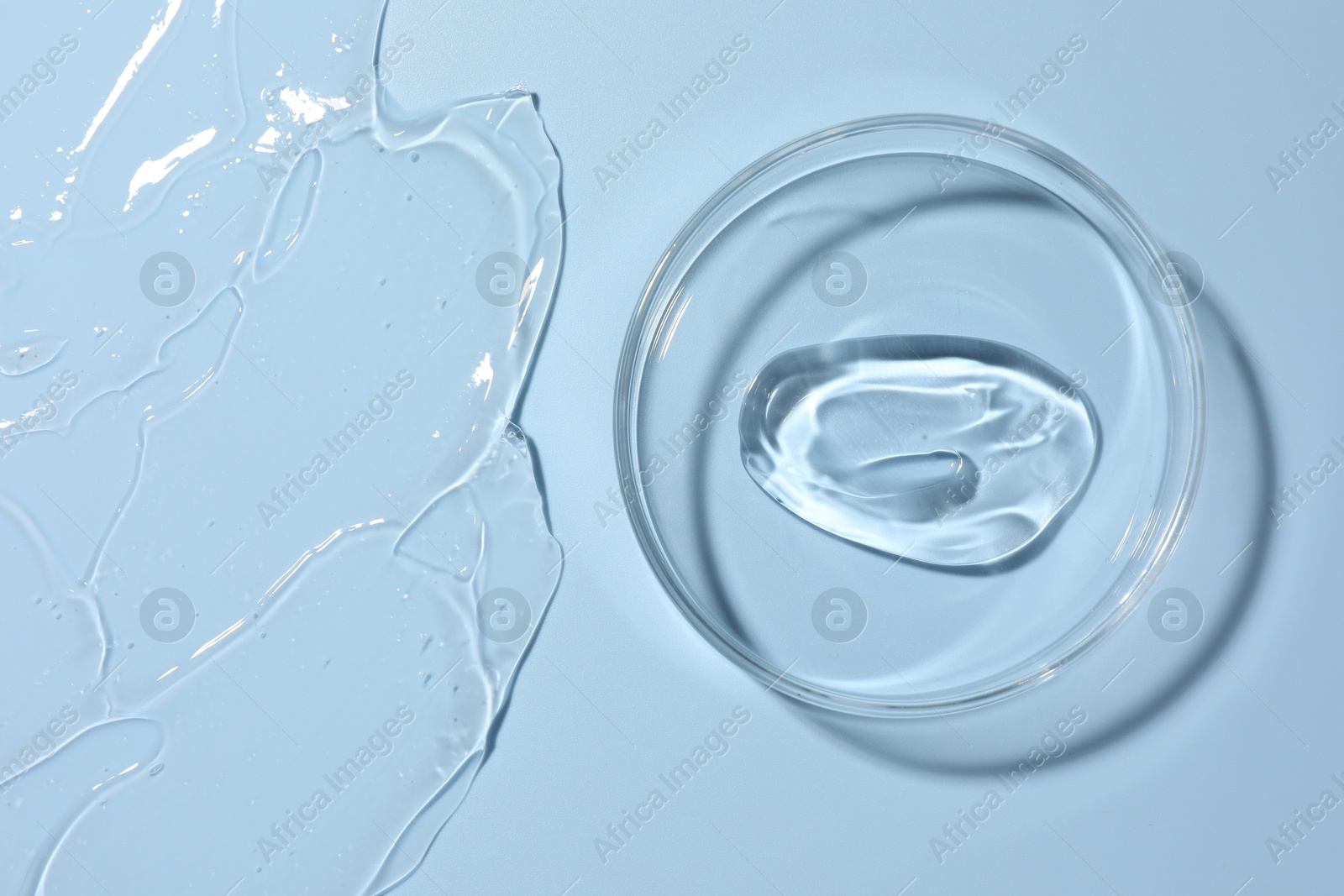 Cosmetic product in Petri dish on light blue background, top view Photo of Cosmetic product in Petri dish on light blue background, top view