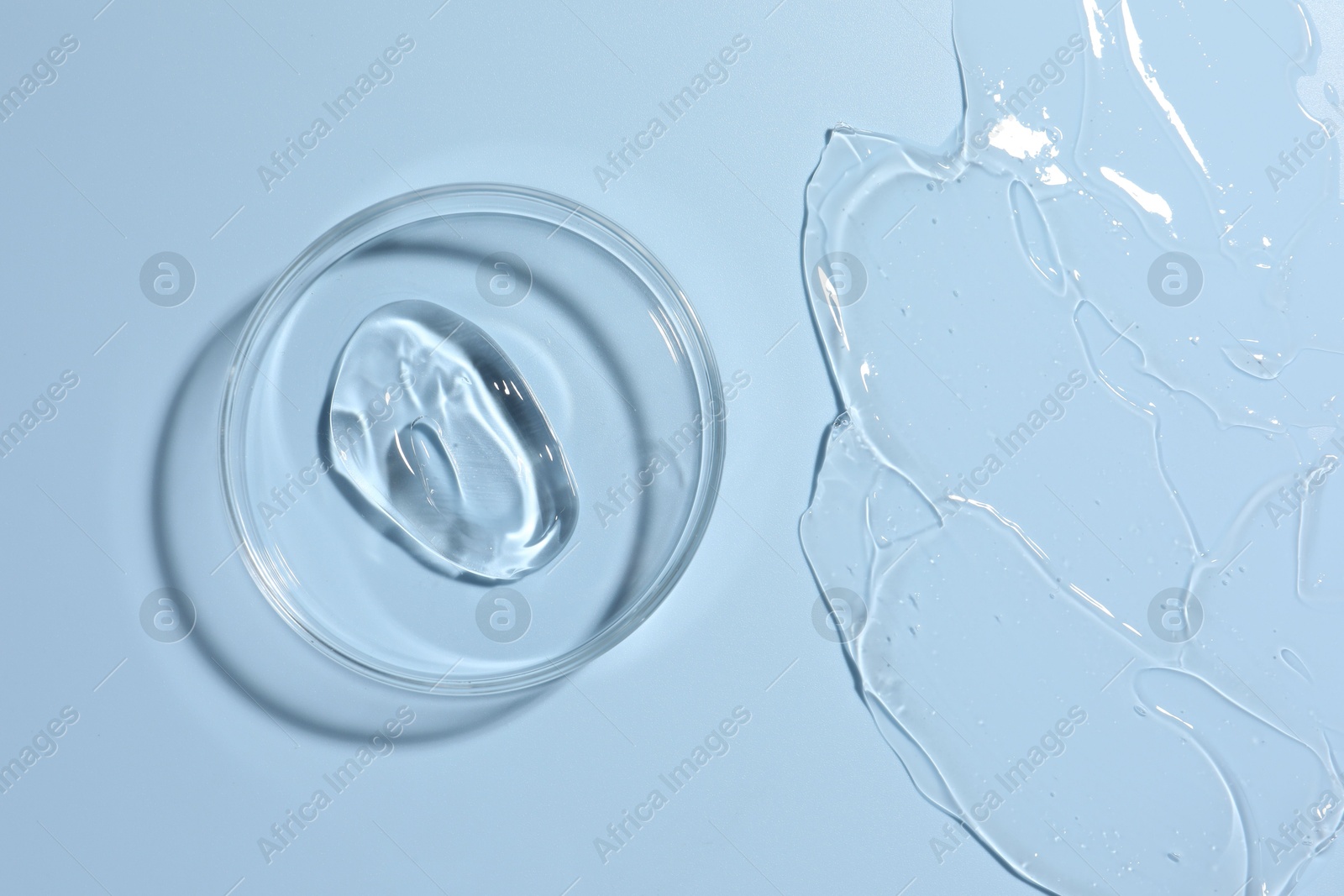 Cosmetic product in Petri dish on light blue background, top view Photo of Cosmetic product in Petri dish on light blue background, top view
