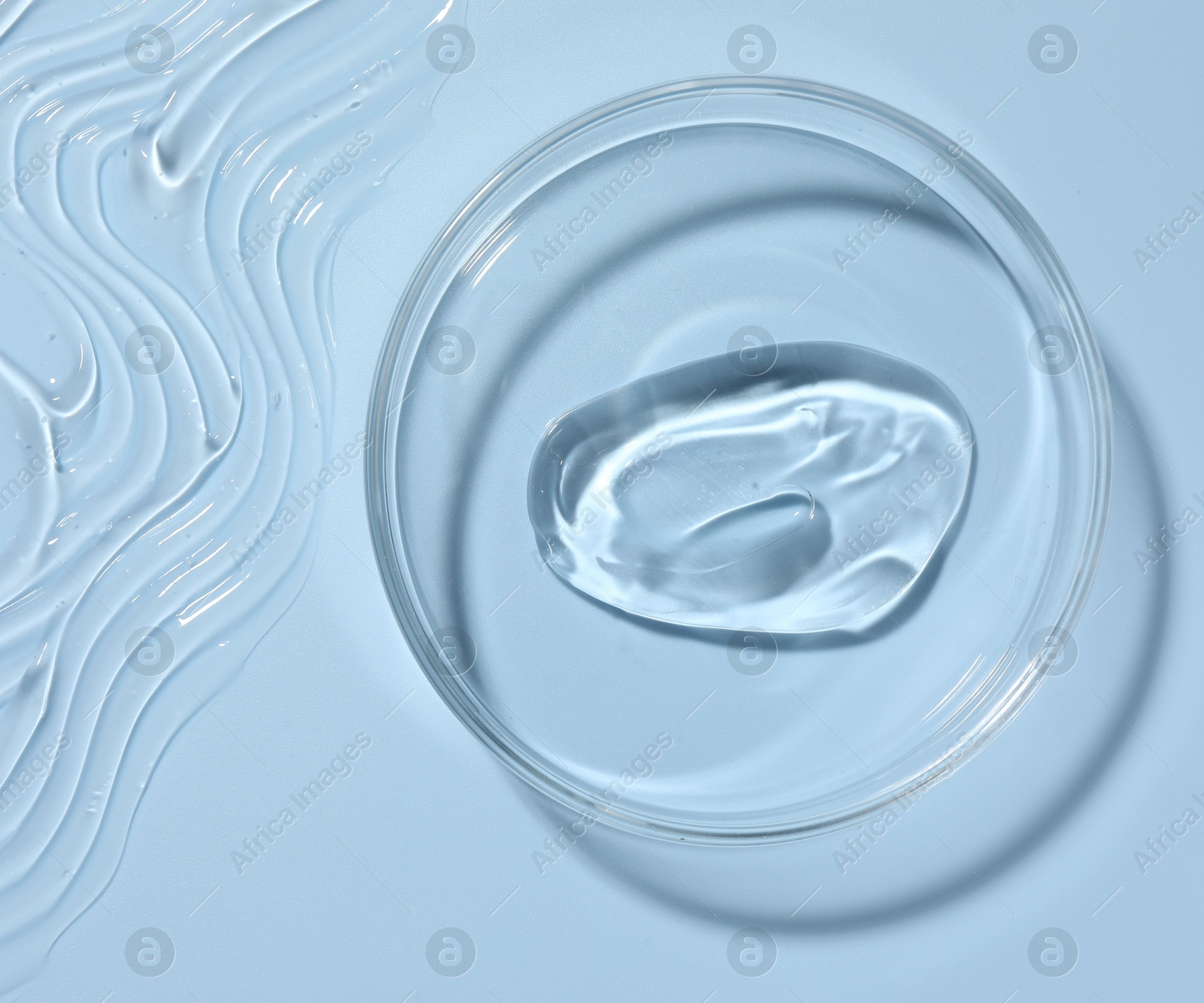 Cosmetic product in Petri dish on light blue background, top view Photo of Cosmetic product in Petri dish on light blue background, top view