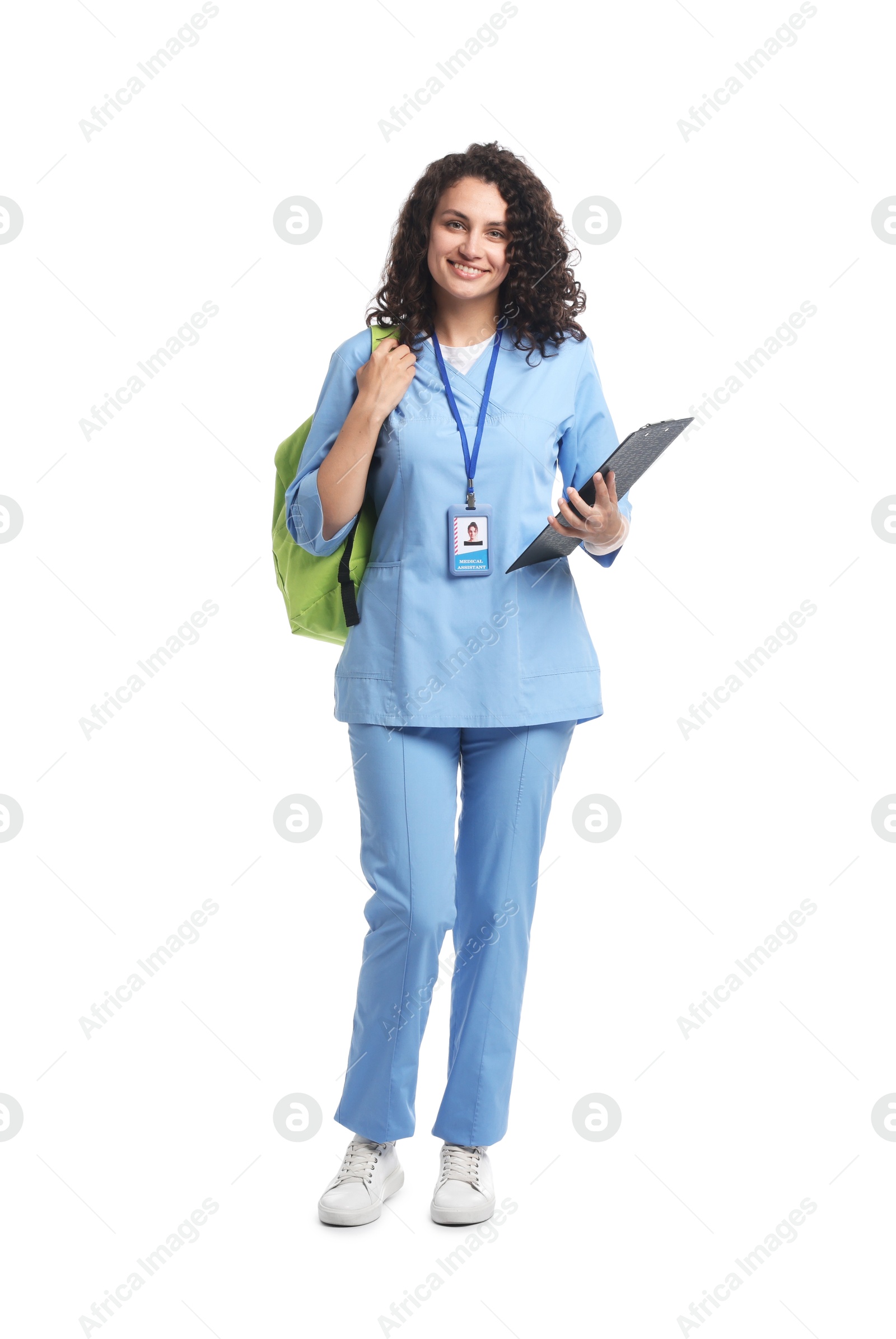 Medical student with clipboard on white background Photo of Medical student with clipboard on white background
